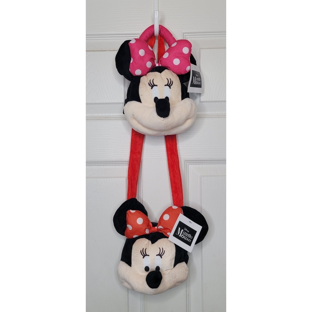 2 Disney Minnie Mouse Handbags Purse Plush Head Red White Black New w Tags‎